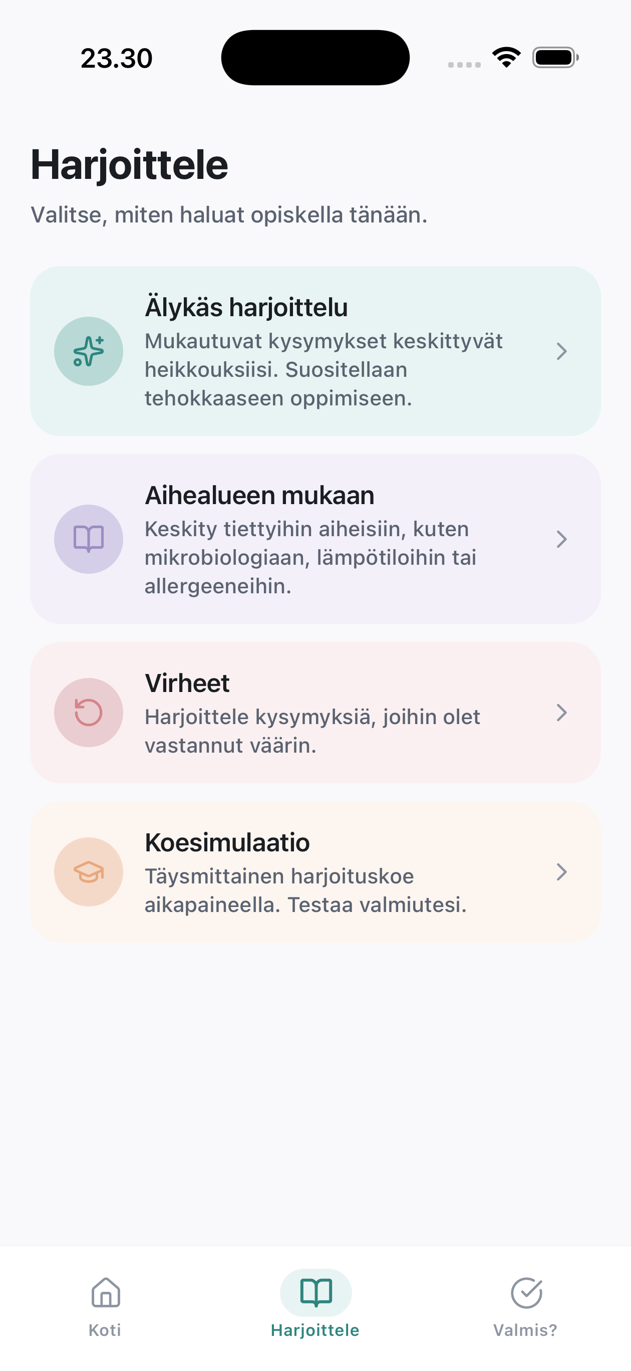 Hygieniapassi-harjoitussovellus näyttää harjoitustilat ja koesimulaatiot